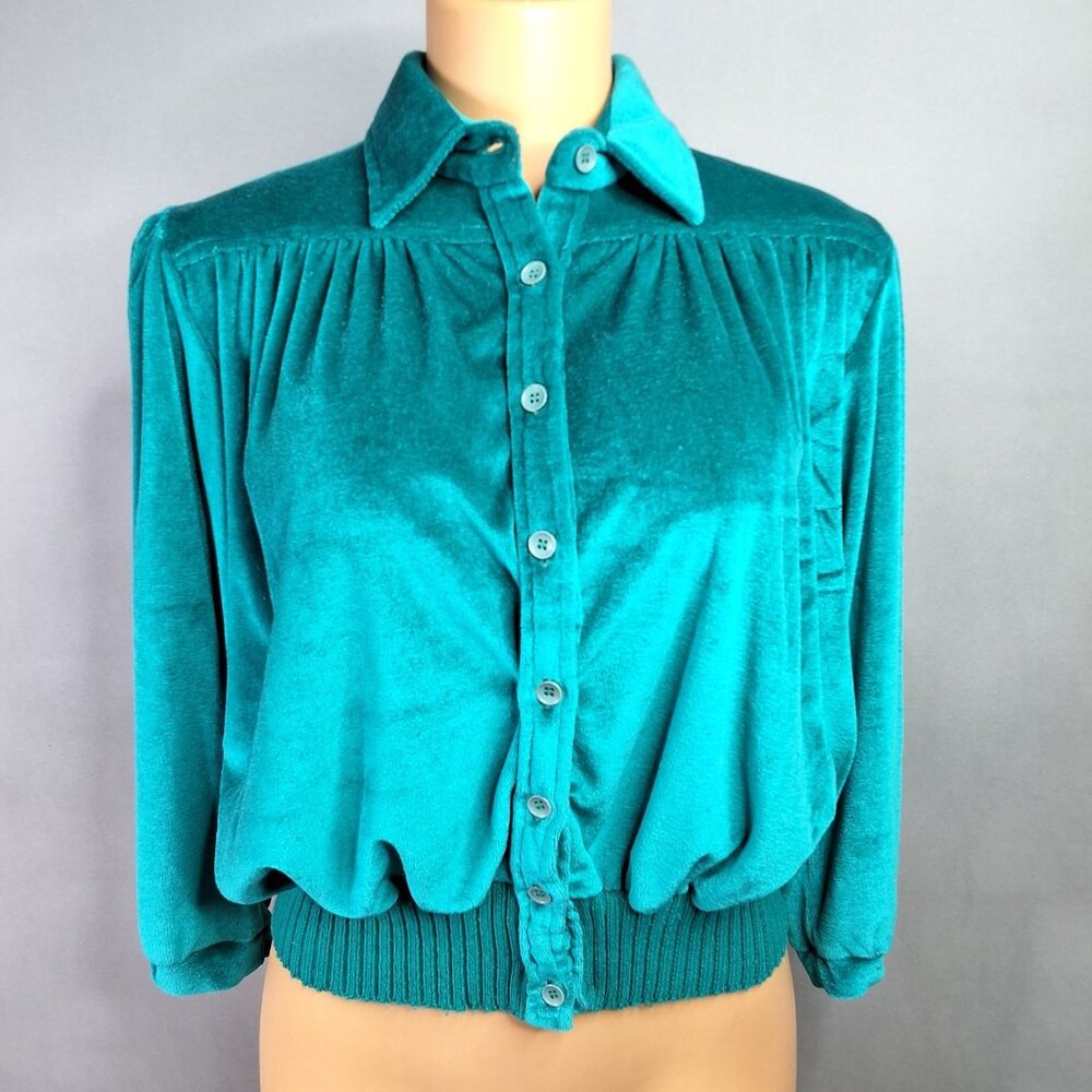 Vintage Fashion Bug 70/80's Teal Velour Button Up Top Ribbed Band 3/4 Sleeve Med - Picture 1 of 10